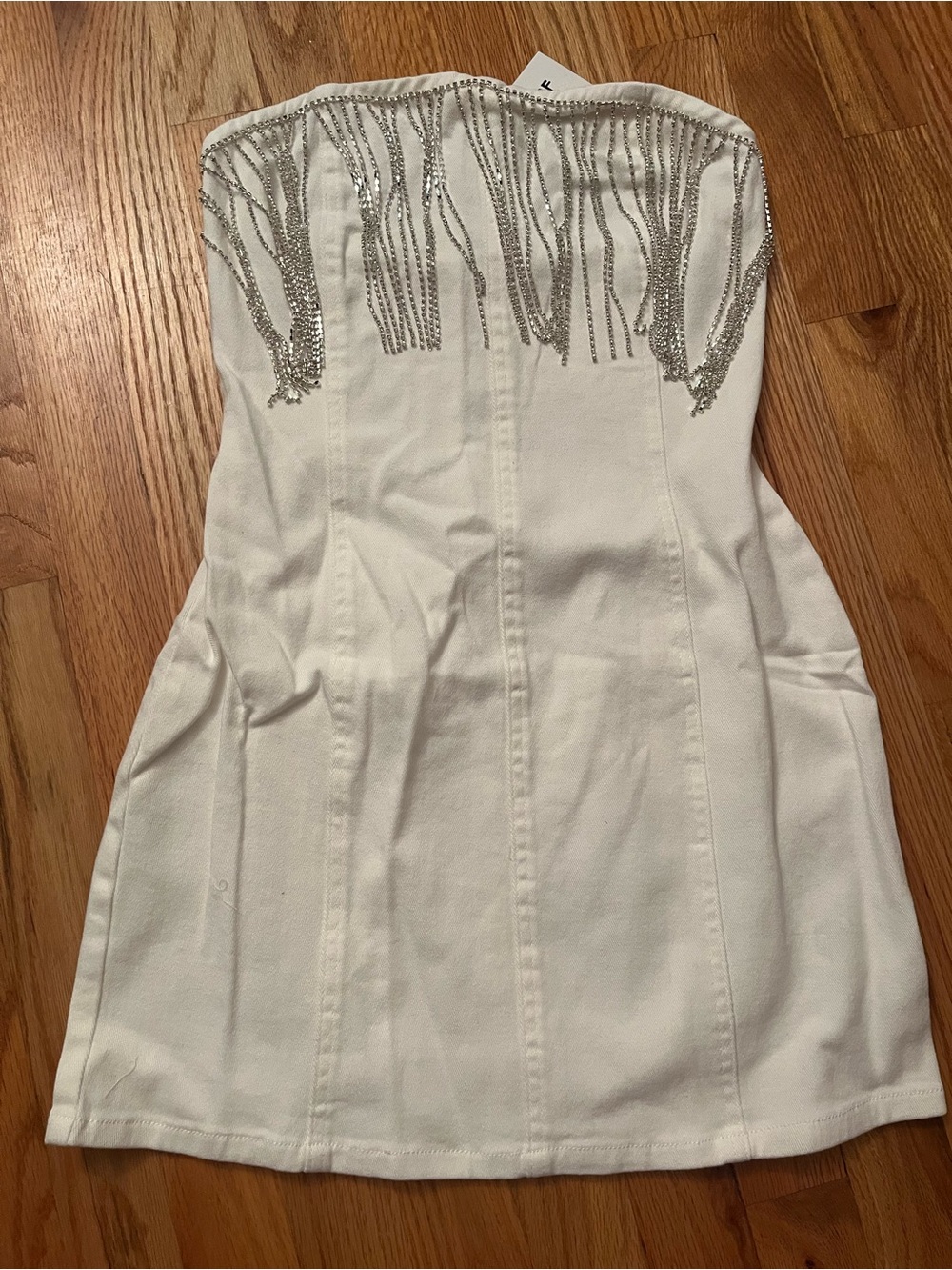 NWT 12th Tribe Rylie Denim White Strapless Mini Dress Rhinestone Fringe Sz S - Picture 5 of 10